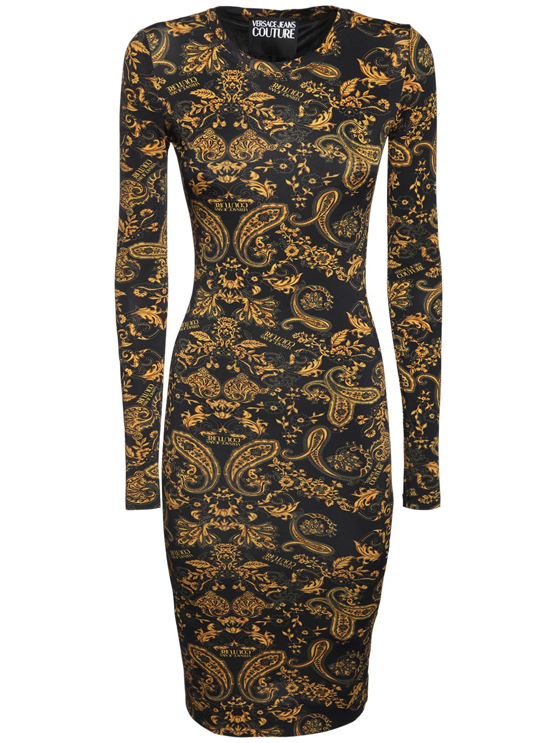 Versace Jeans Couture Printed Stretch Jersey Midi Dress In Black,gold