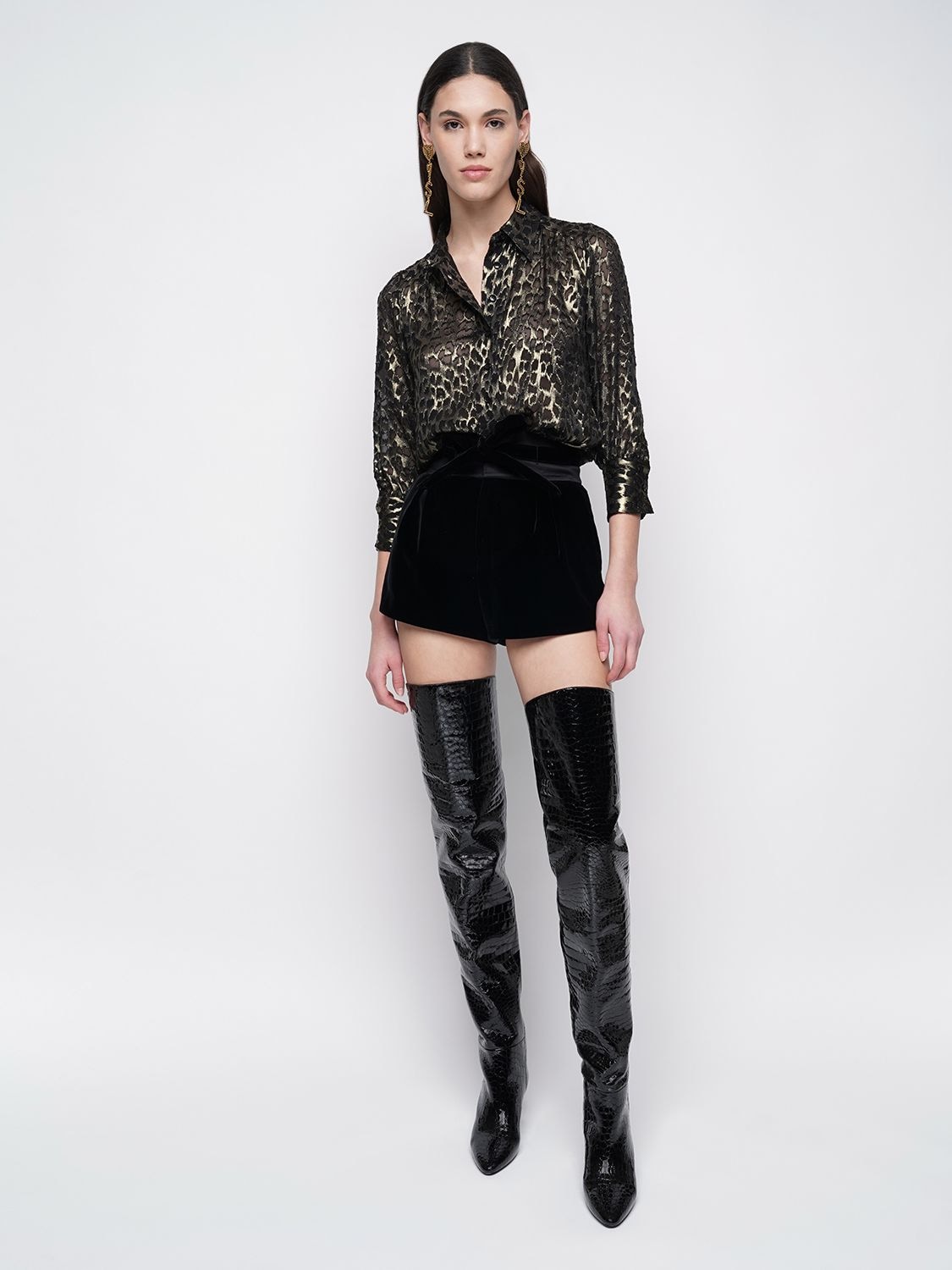 Saint Laurent High Waist Velvet & Satin Mini Shorts In Black