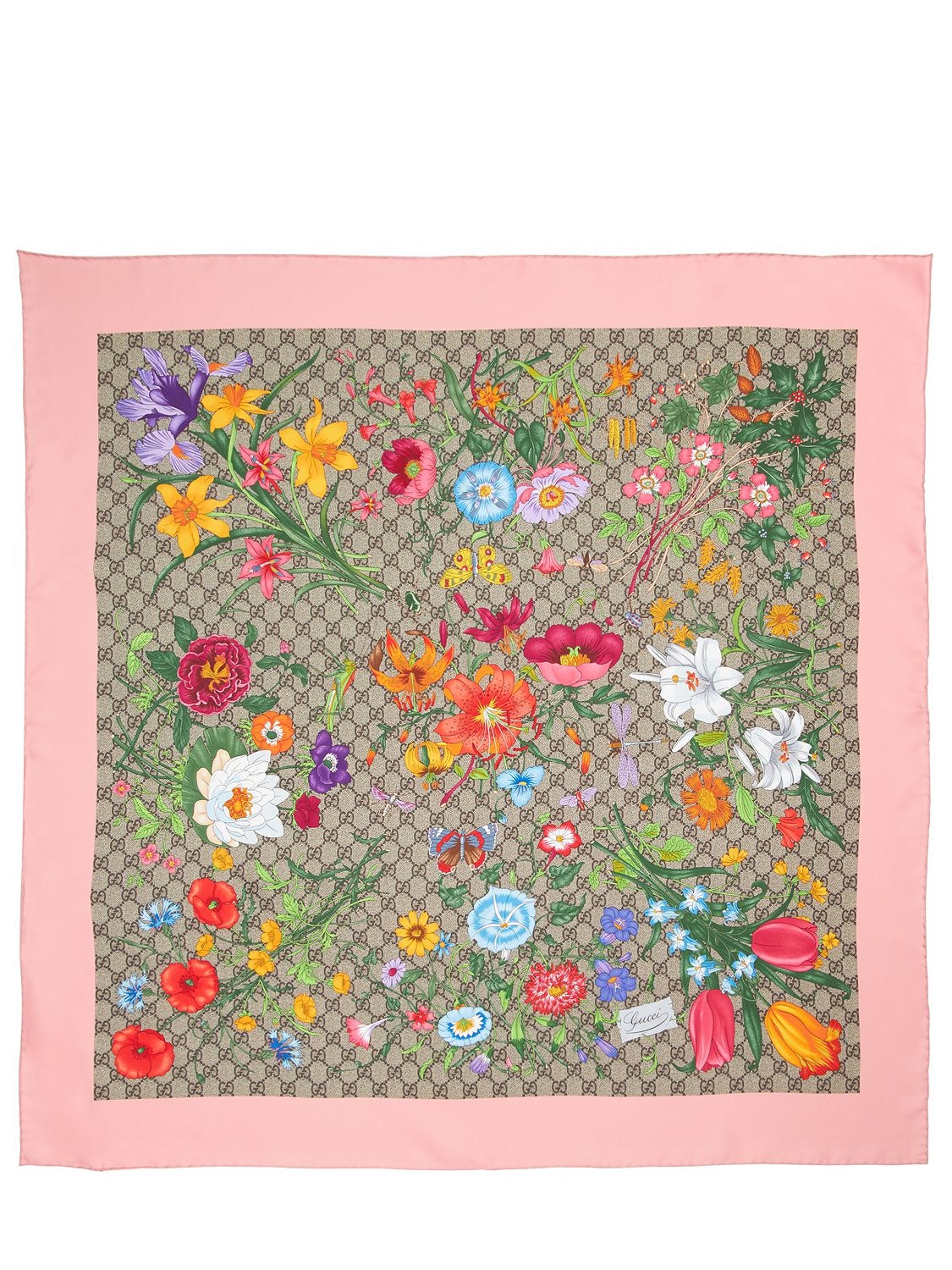 Shop Gucci Flora Printed Silk Scarf In Beige,pink