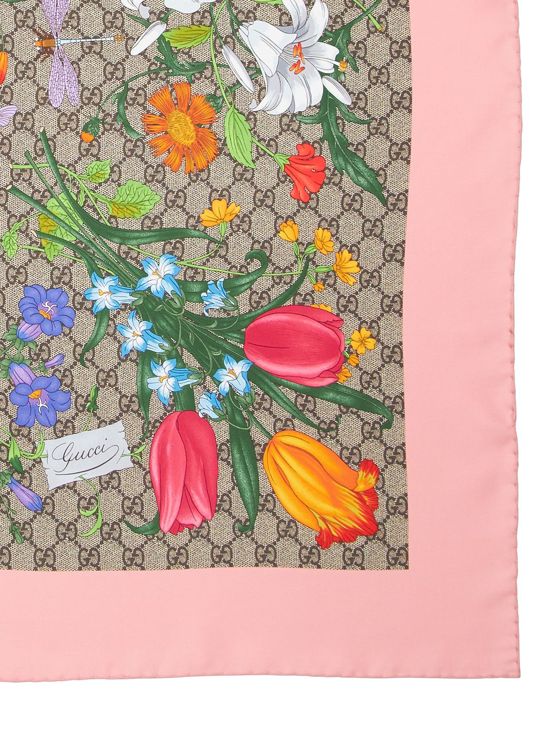 Shop Gucci Flora Printed Silk Scarf In Beige,pink