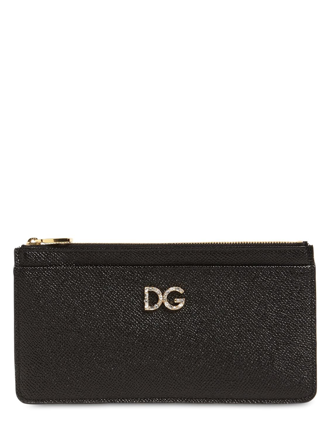 Dolce & Gabbana Dauphine Leather Zip Card Holder W/ Logo In Black
