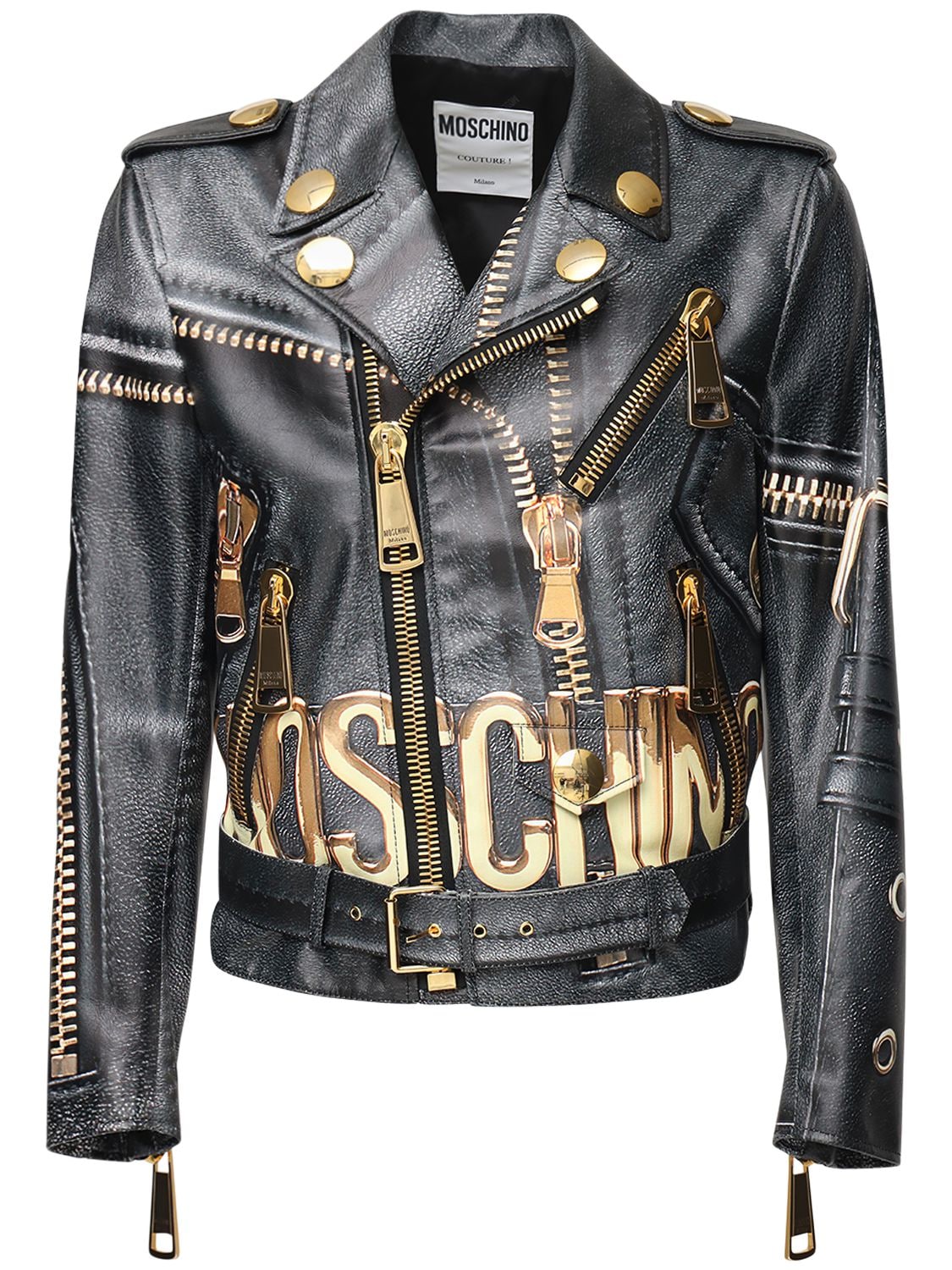 Moschino All Over Logo Print Leather Biker Jacket In Black,gold 