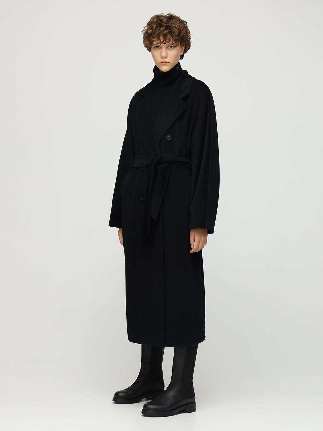 Shop Max Mara Madame Double Breasted Wool Long Coat In Black