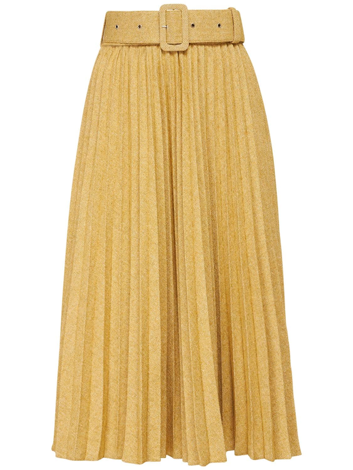 Anouki Pleated Cotton Blend Tweed Midi Skirt In Yellow