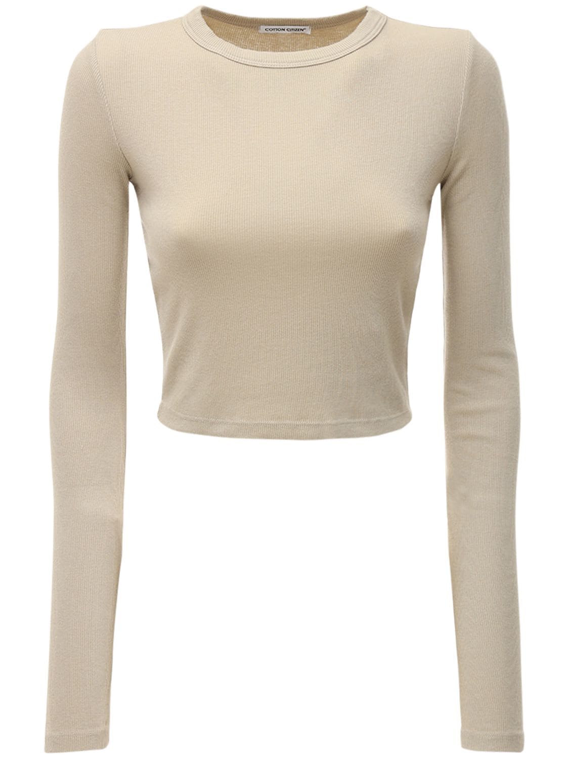 Cotton Citizen Verona Ribbed Long Sleeve Crop Top In Beige