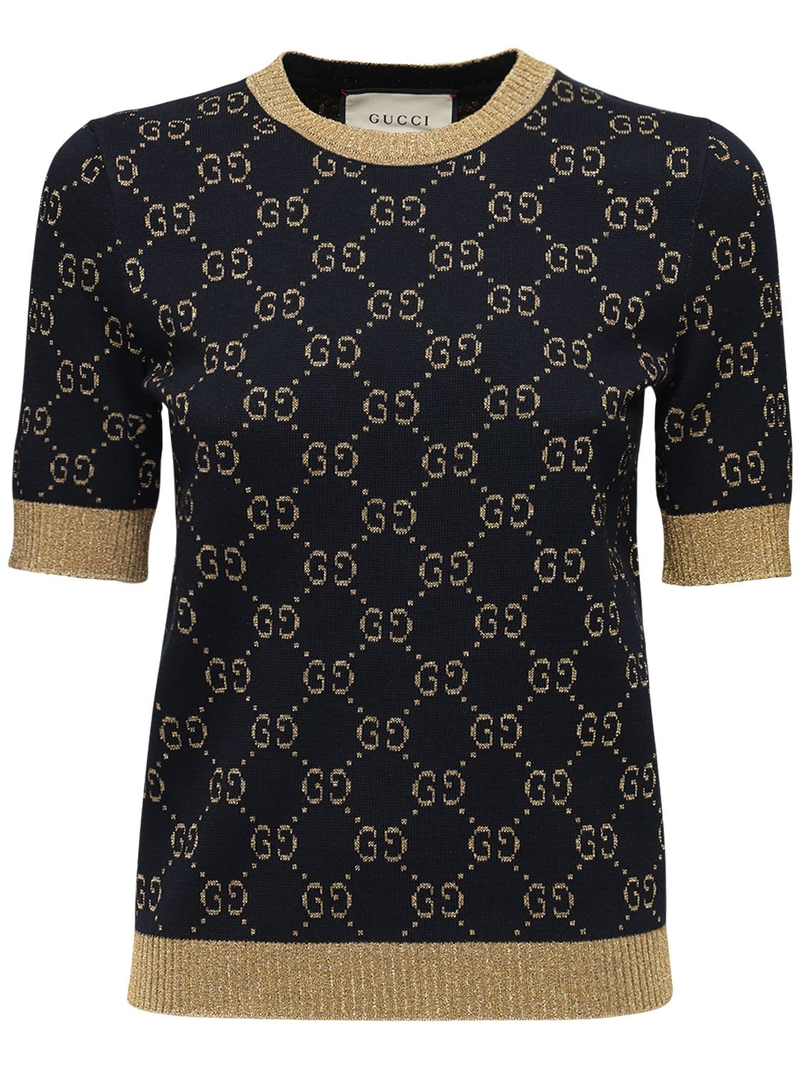 Shop Gucci Gg Supreme Cotton & Lurex Knit Sweater In Blue,gold