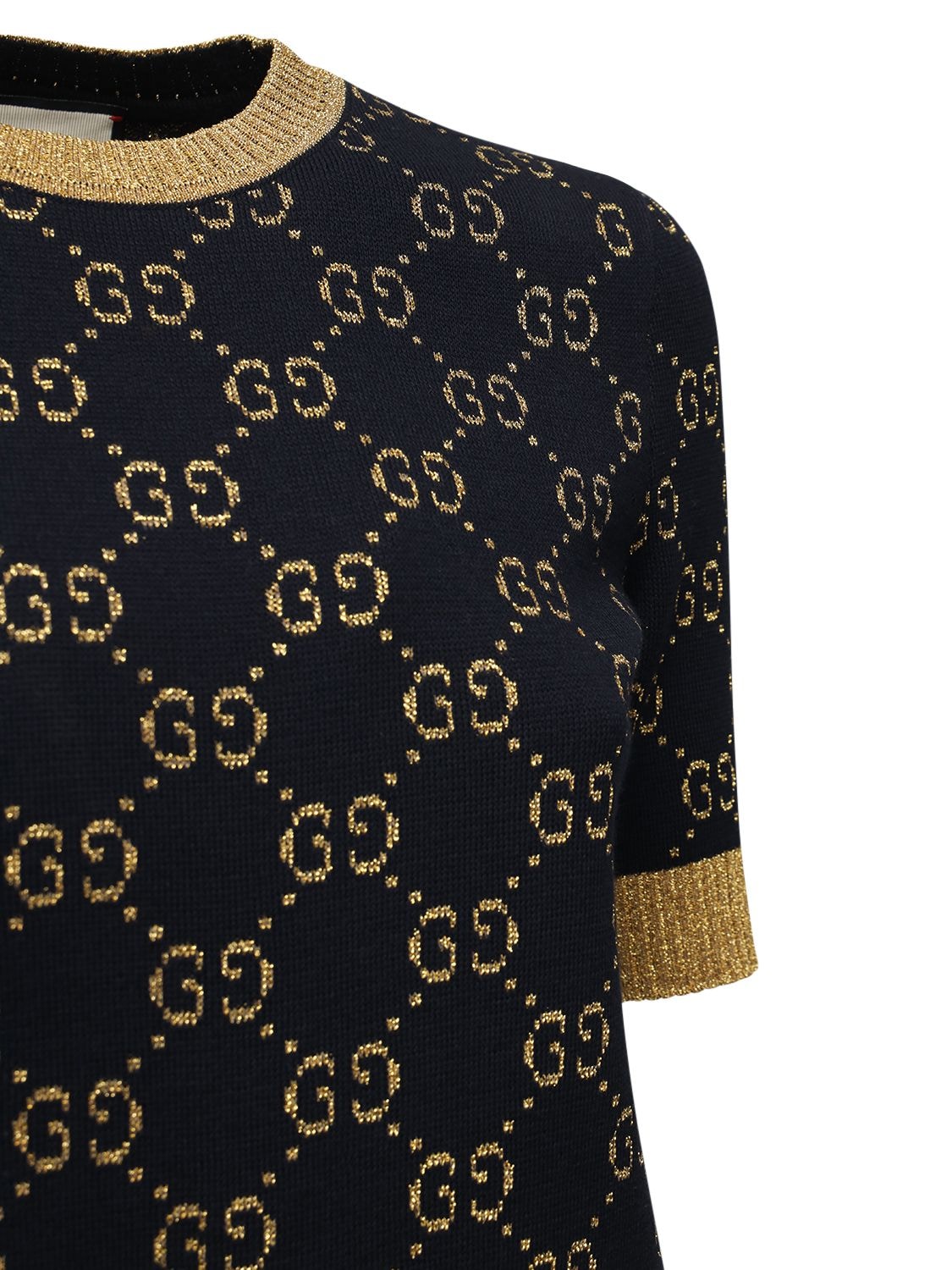 Shop Gucci Gg Supreme Cotton & Lurex Knit Sweater In Blue,gold