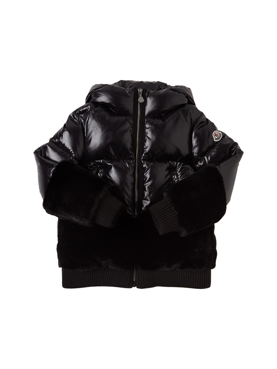 Moncler Kids' Logodec Nylon Down Jacket W/ Faux Fur In Black | ModeSens