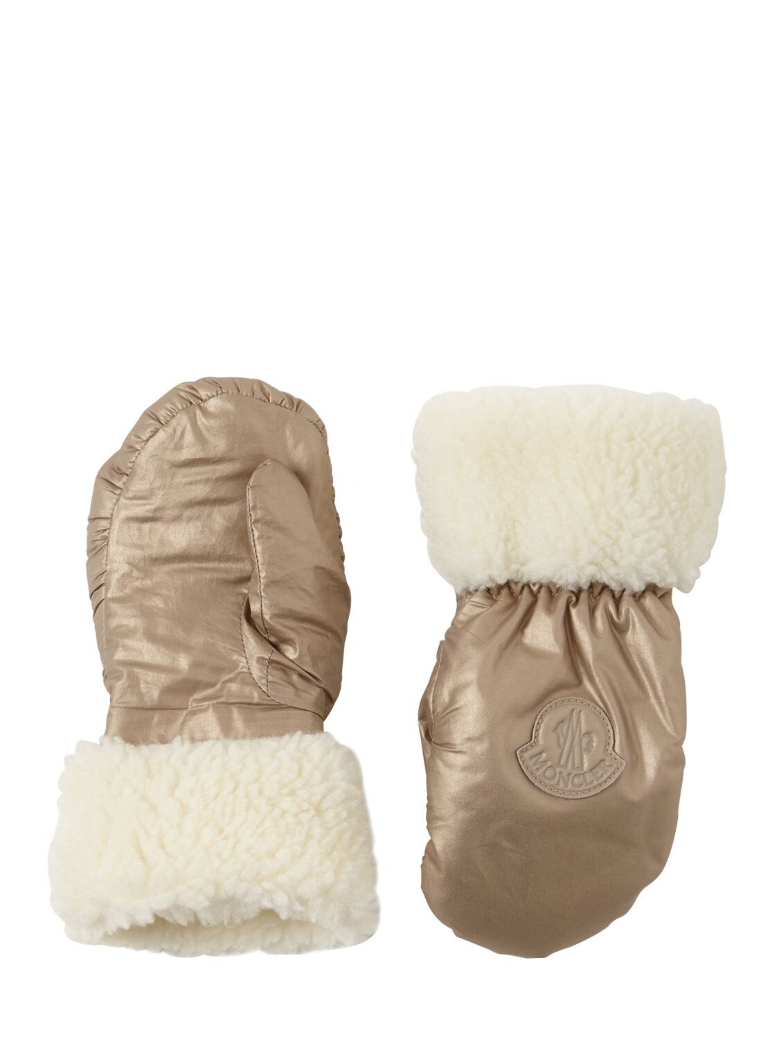 Moncler Kids' Laminated Nylon & Faux Shearling Gloves In Gold