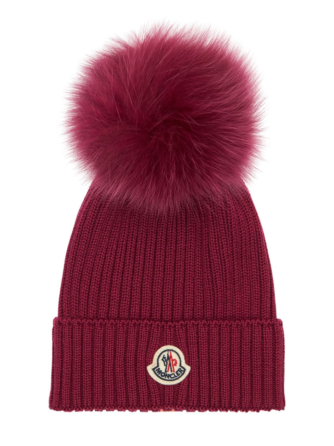 Moncler Babies' Wool Knit Hat W/ Fur Pompom In Dark Pink