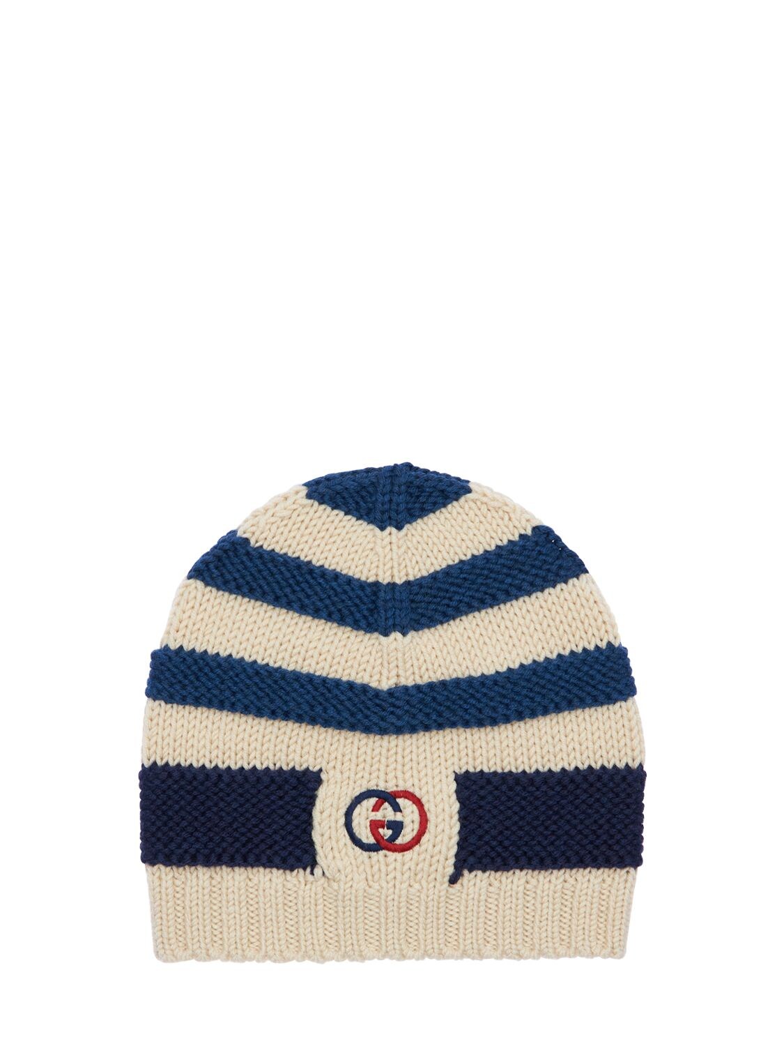 Gucci Babies' Logo刺绣针织羊毛帽子 In White,blue