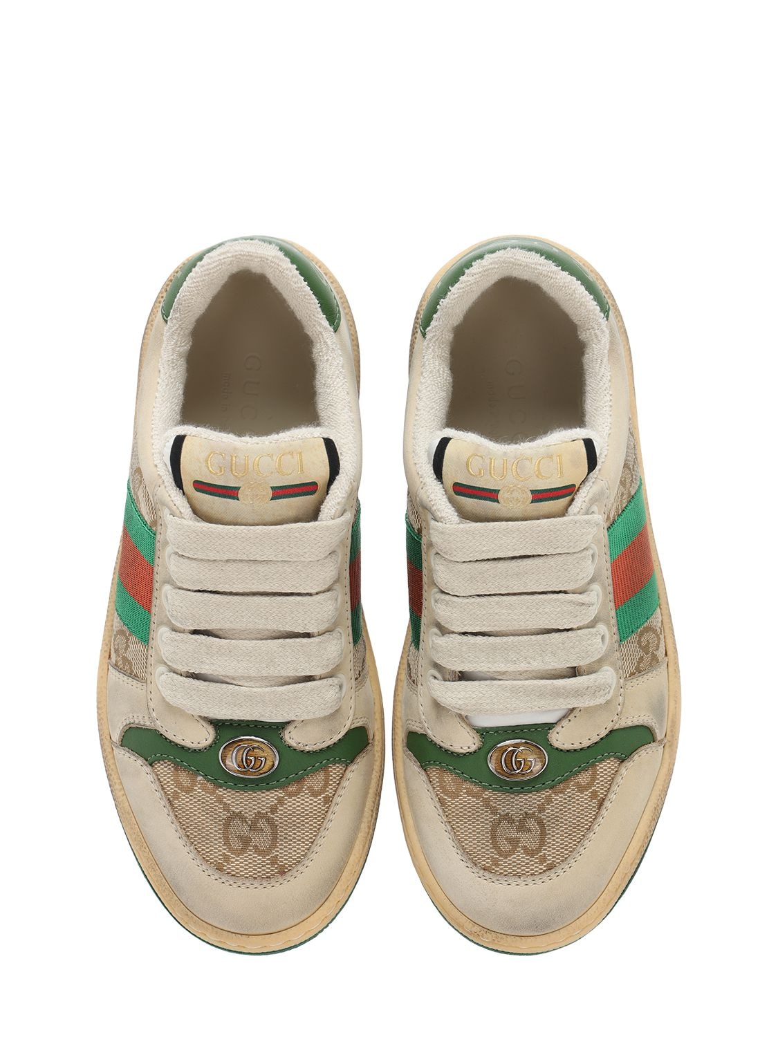 Shop Gucci Gg Canvas Sneakers W/ Web Detail In Beige,green