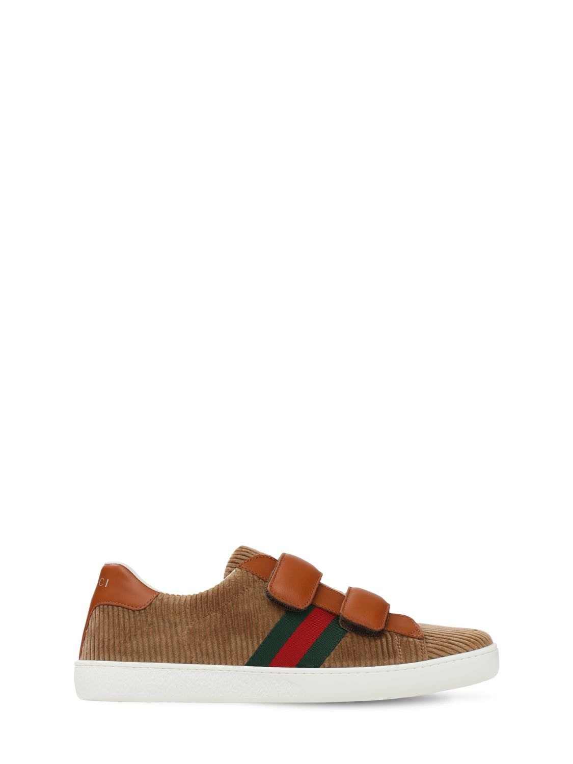 Gucci Kids' New Ace Corduroy Strap Sneakers In Cammel