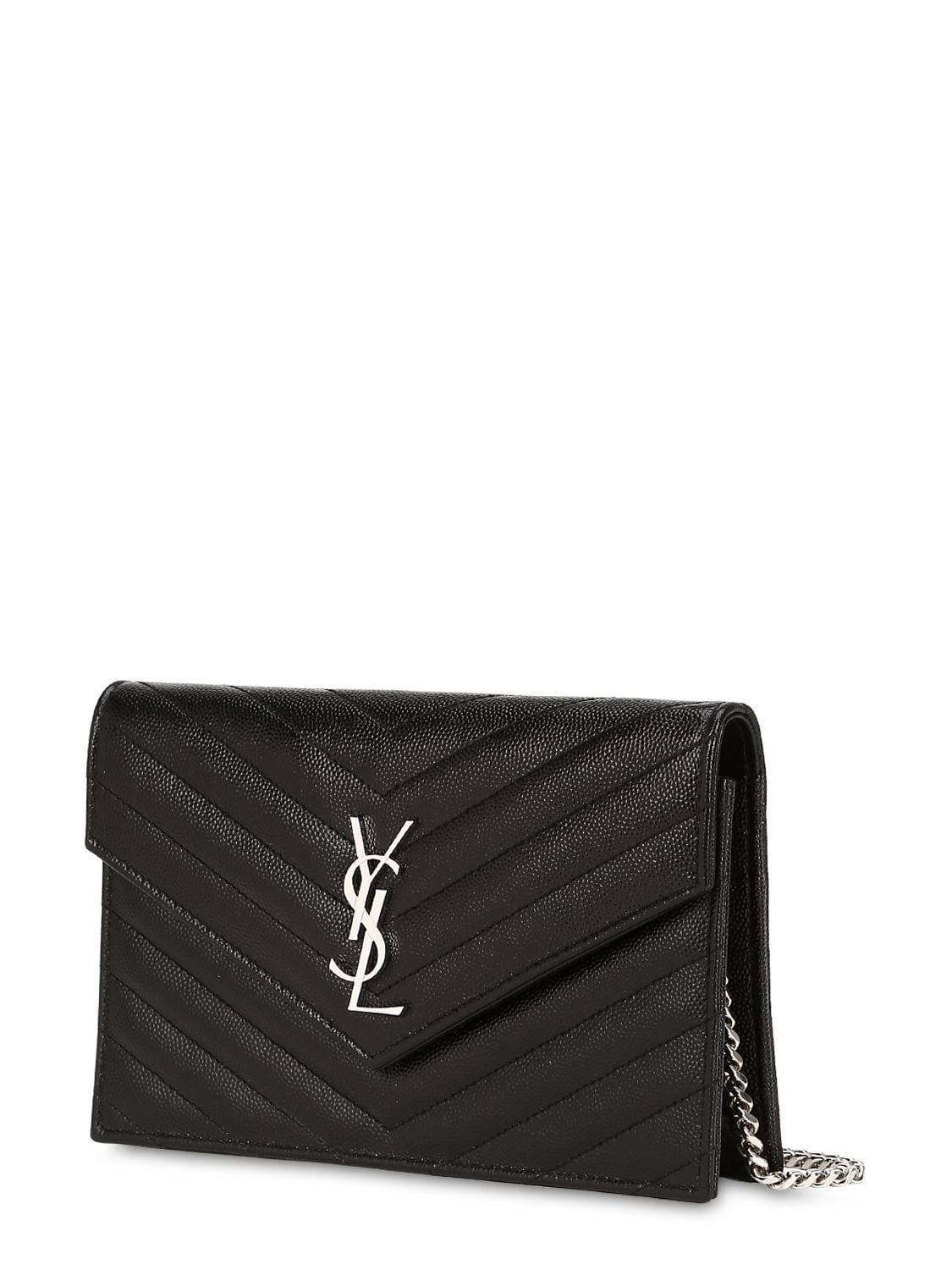 Shop Saint Laurent Monogram Embossed Leather Chain Wallet In Black
