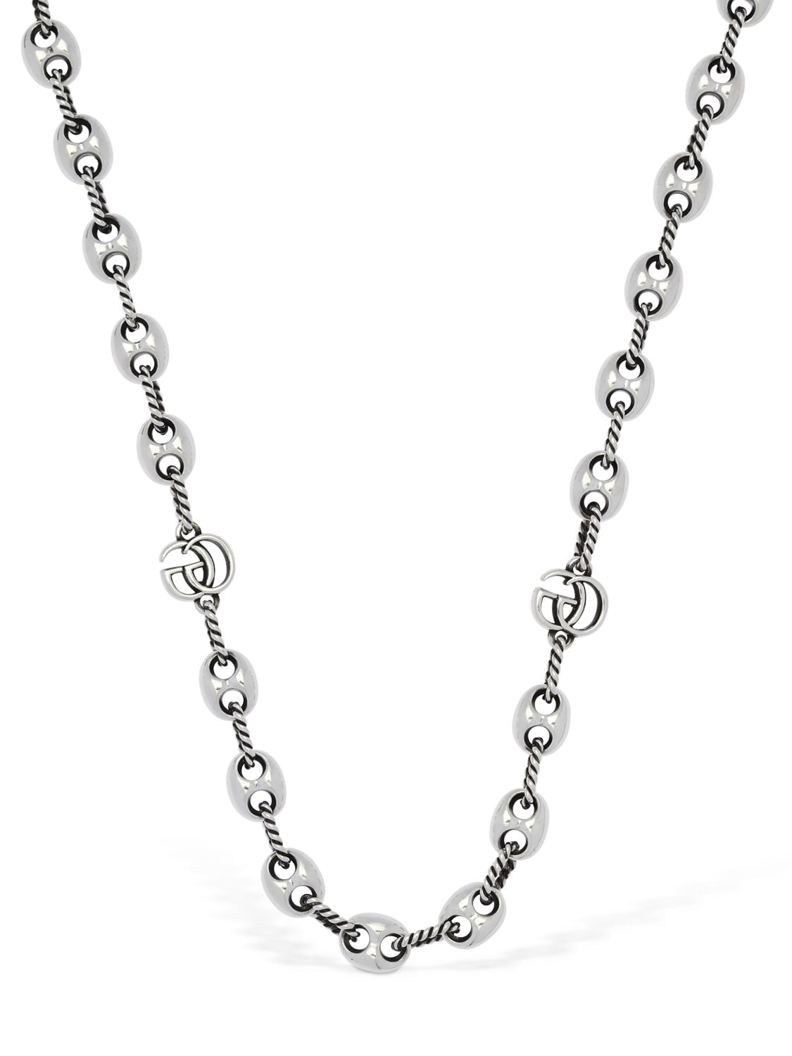 Gucci 45cm Gg Marmont Necklace W/ Marina Chain In Silver