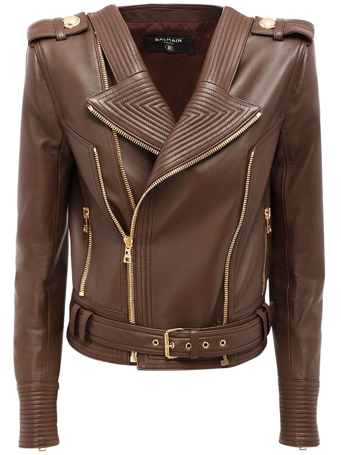 Balmain Crop Leather Biker Jacket In Brown