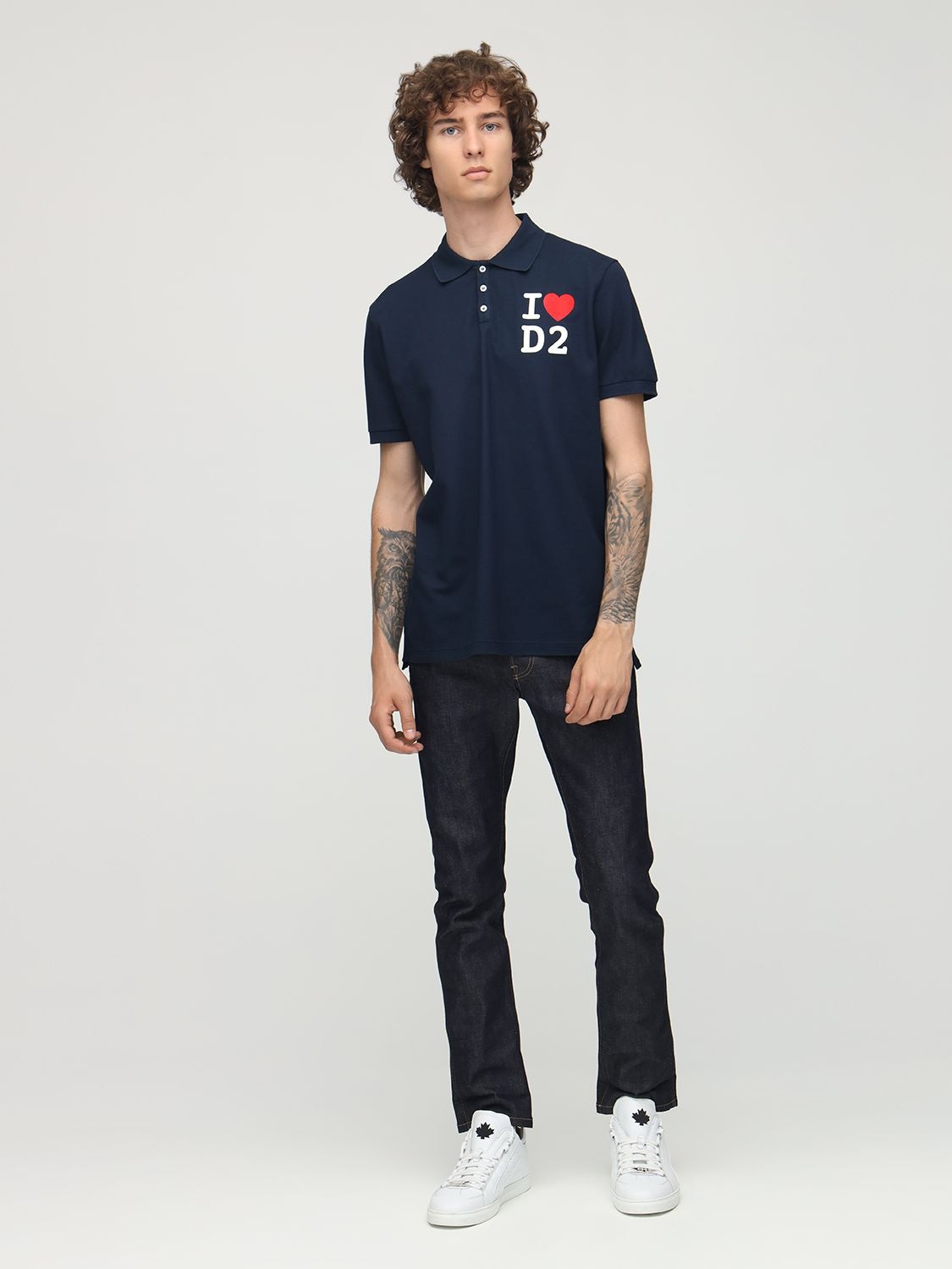 Dsquared2 Printed Cotton Piqué Polo Shirt In Navy