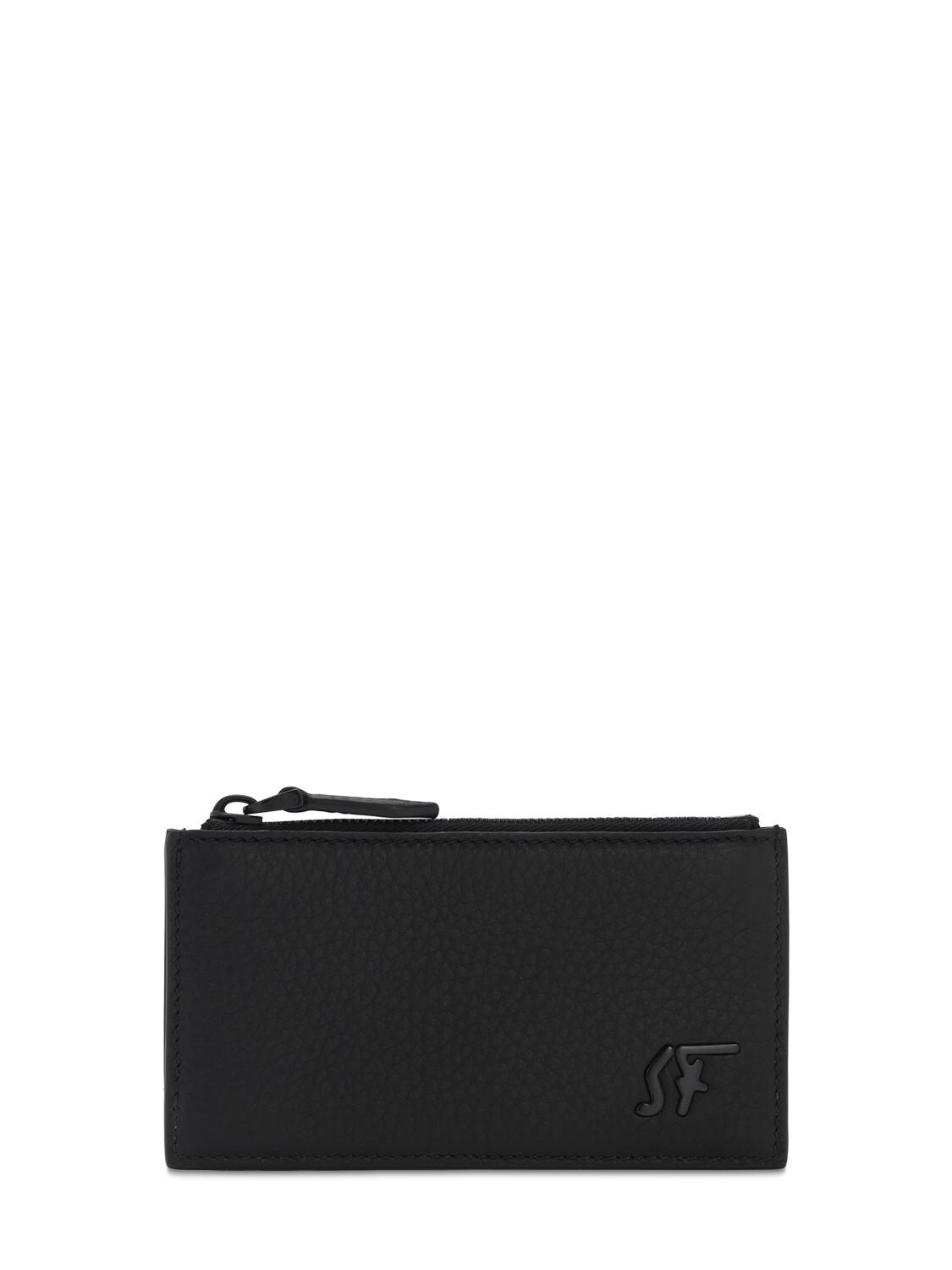 Ferragamo Sf Metal Logo Leather Zip Card Holder In Black,navy
