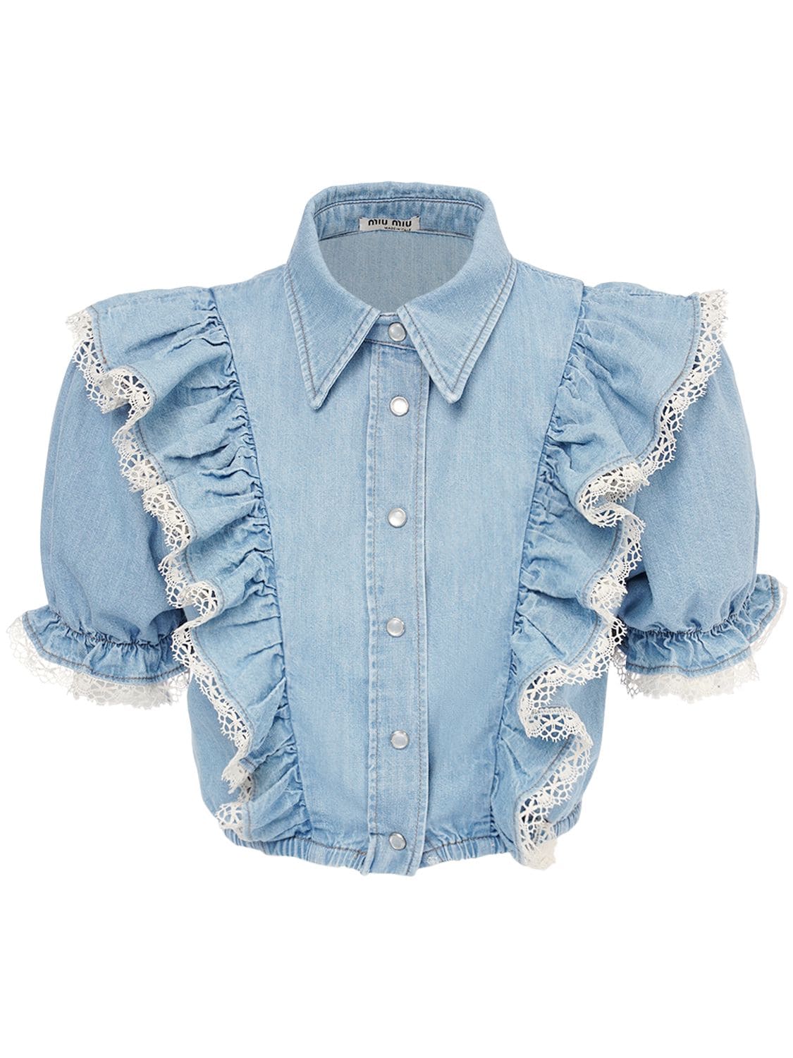 Miu Miu Ruffled Cotton Denim Crop Shirt W/ Lace