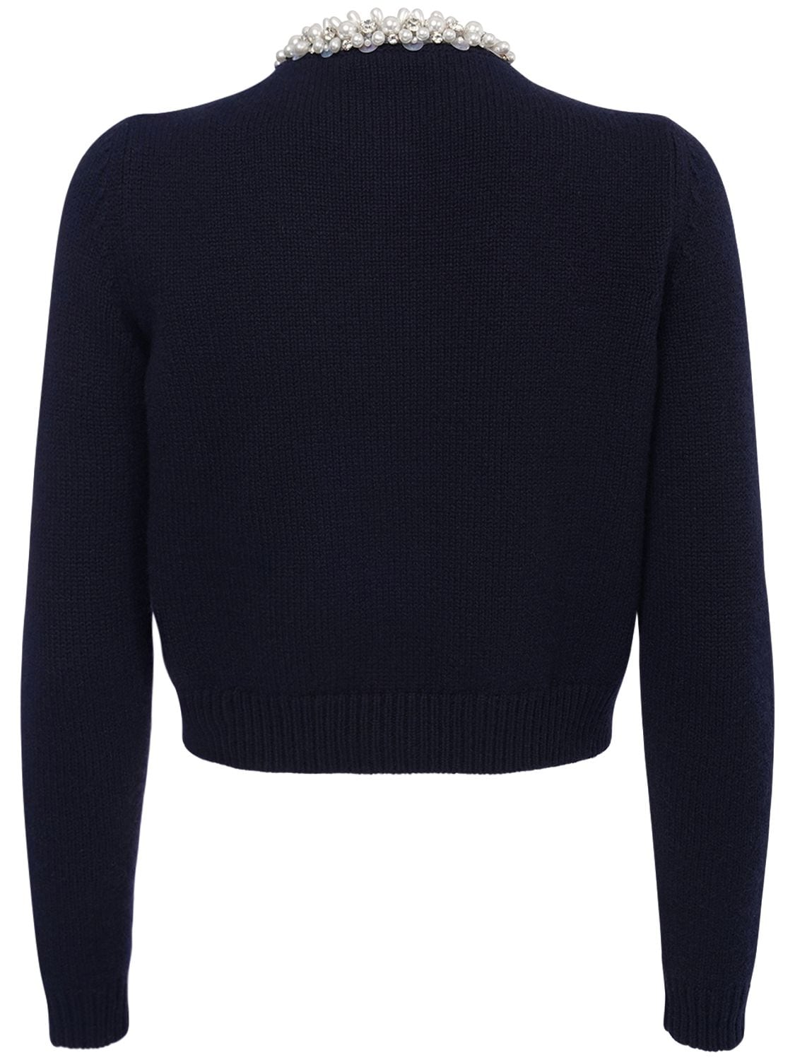 Shop Miu Miu Cashmere Crop Cardigan W/imitation Pearl In Dunkelblau