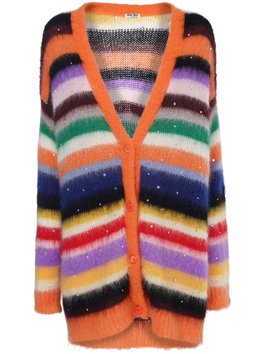 Miu Miu Over Striped Knit Mohair Blend Cardigan In Bunt