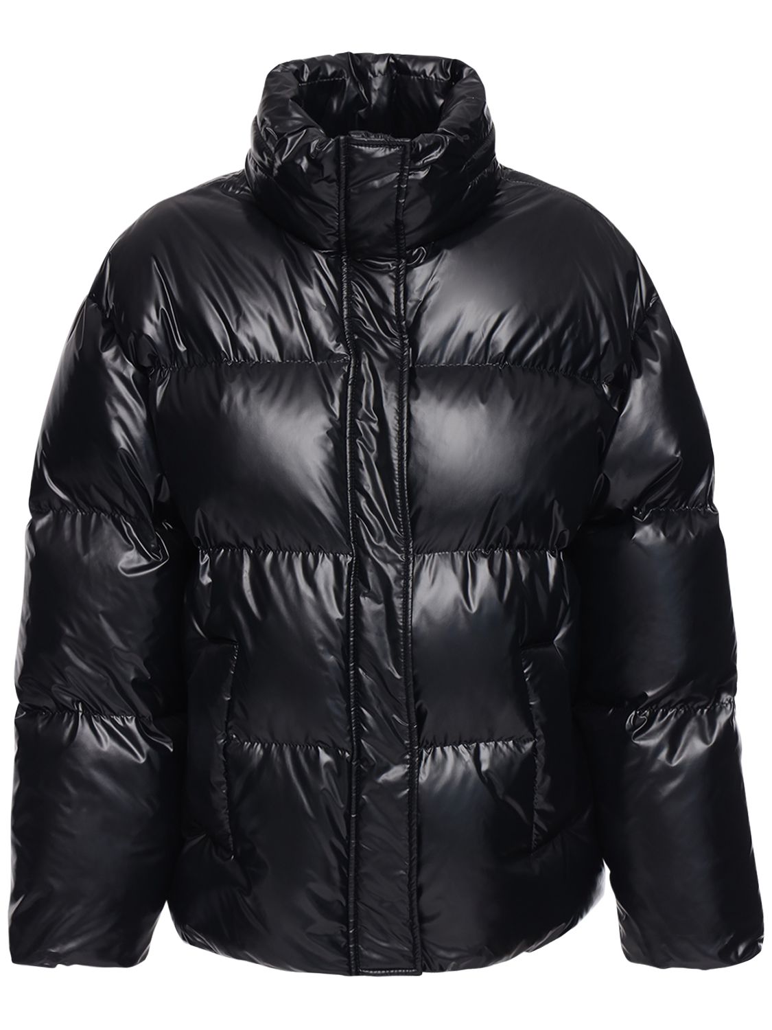 Miu Miu Shiny Nylon Down Jacket W/back Logo In Schwarz,pink