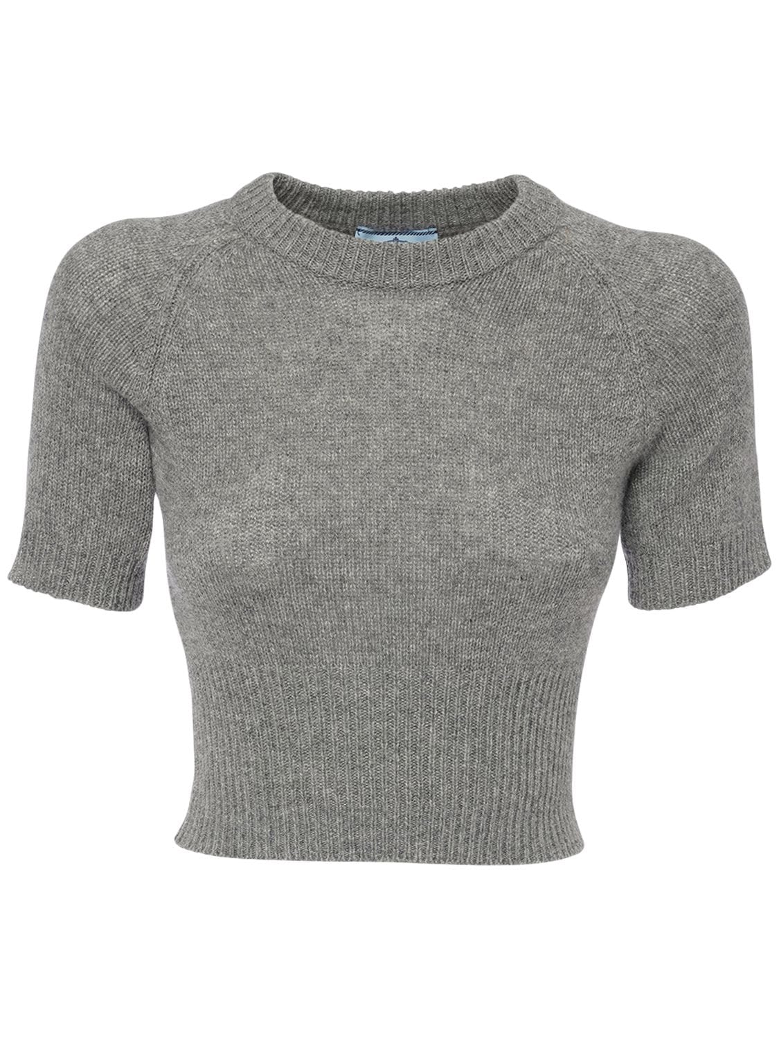 Prada Crop Cashmere Knit Sweater In Hellgrau