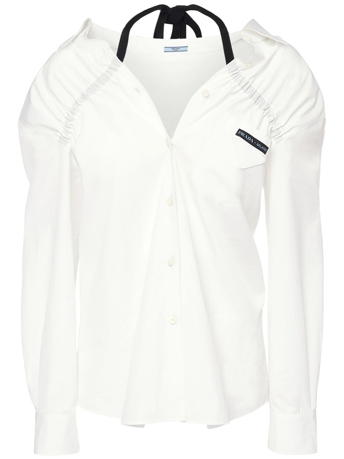 Prada Cotton Poplin Shirt W/ Drawstring In White,black