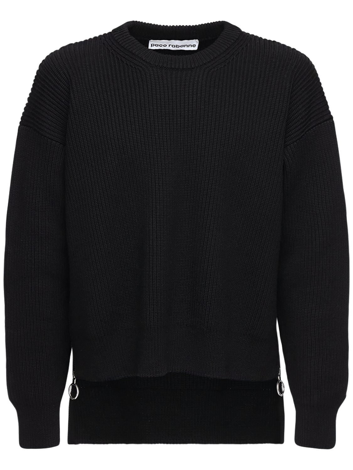 Paco Rabanne Wool Knit Crewneck Sweater W/ Side Zips In Black
