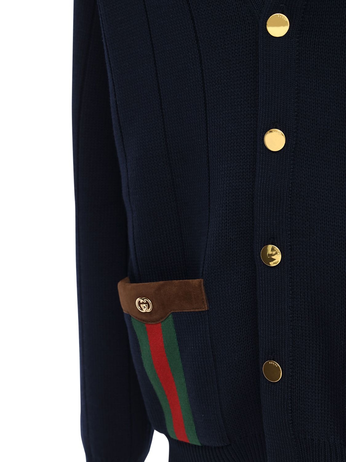 Shop Gucci Gg & Web Wool Blend Knit Cardigan In Navy
