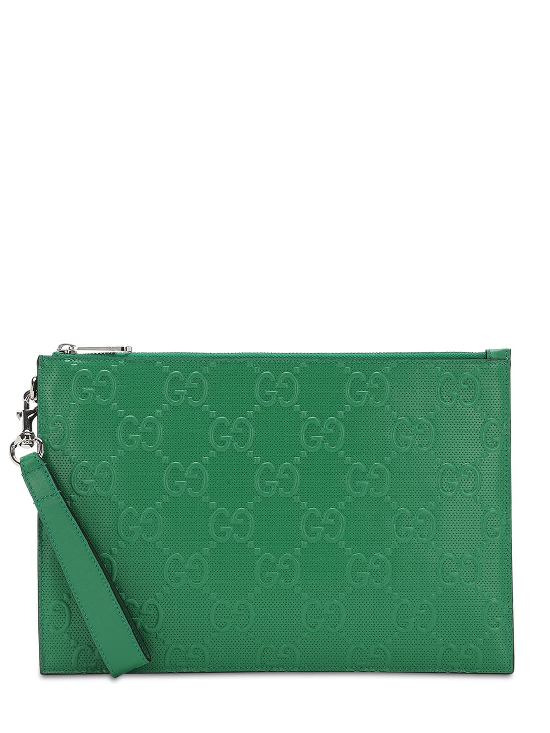 Gucci Gg Embossed Leather Pouch In Green