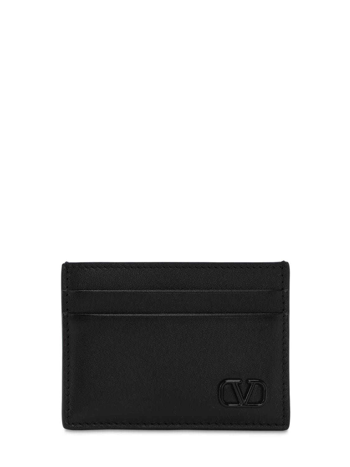 Valentino Garavani Metal Logo & Leather Card Holder In Black