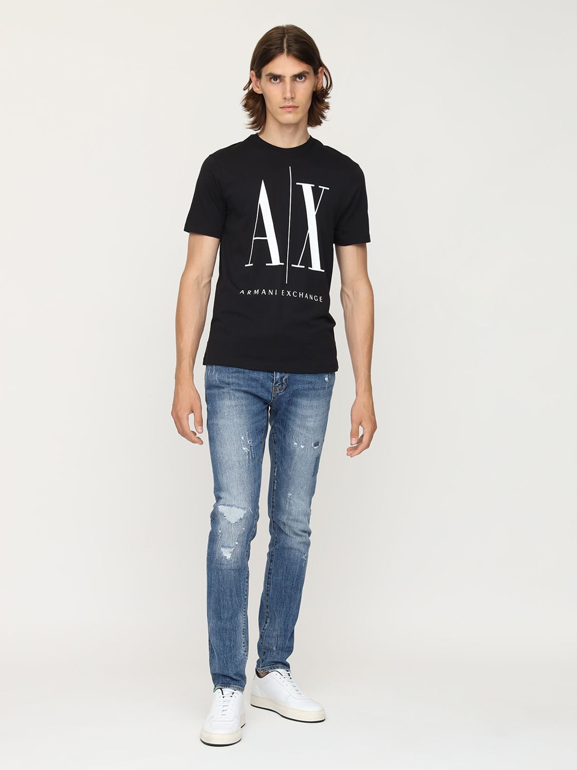 Armani Exchange Printed Logo Cotton Jersey T-shirt In Black