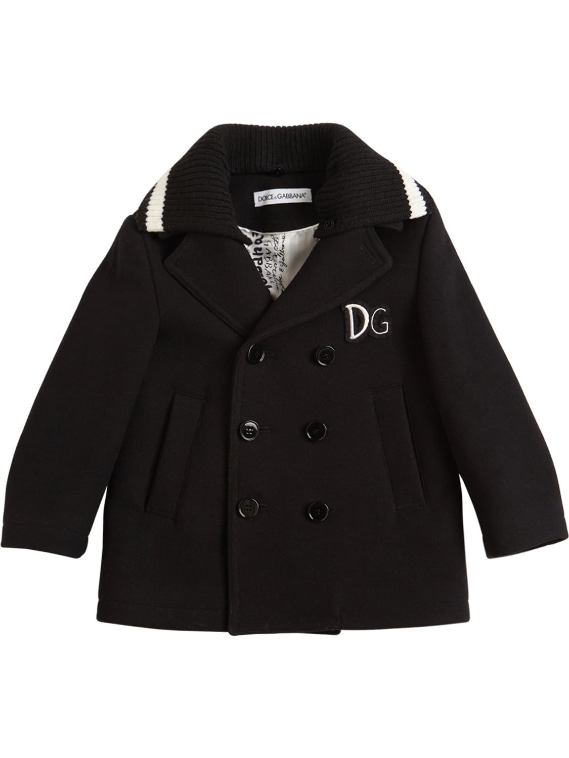 Dolce & Gabbana Kids' Broadcloth Pea Coat With Dg Patch In Black