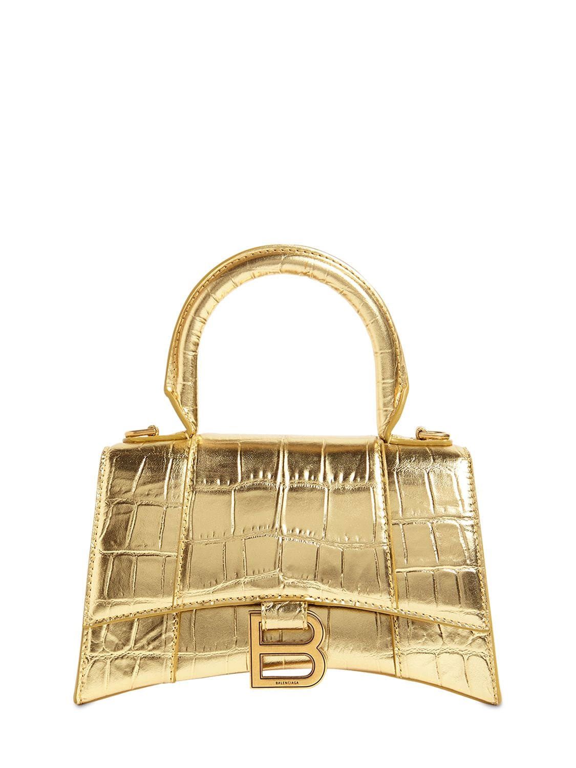 Balenciaga Xs Hourglass Croc Embossed Leather Bag In Gold
