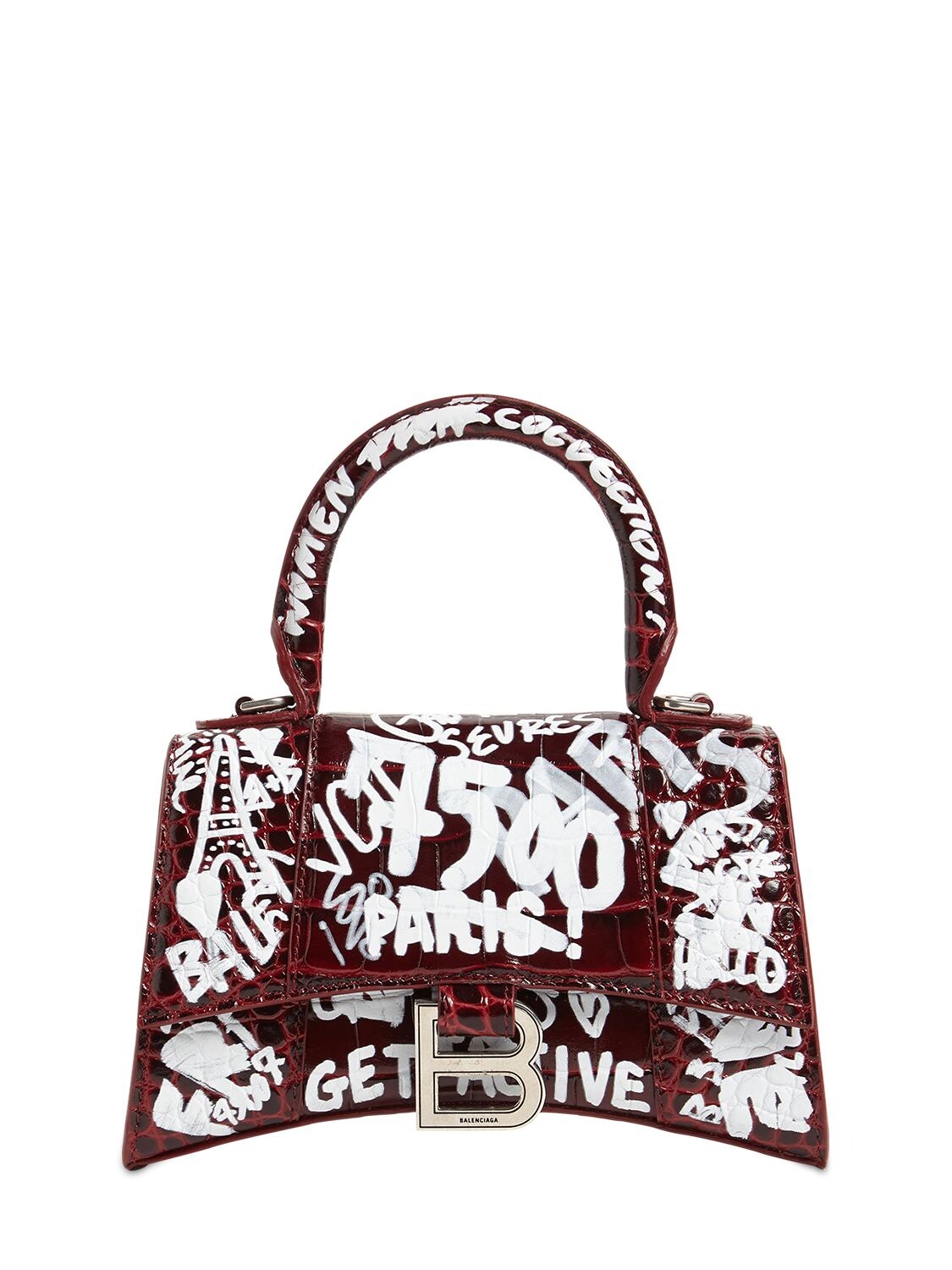 Balenciaga Xs Hourglass Graffiti Leather Bag In Dark Red