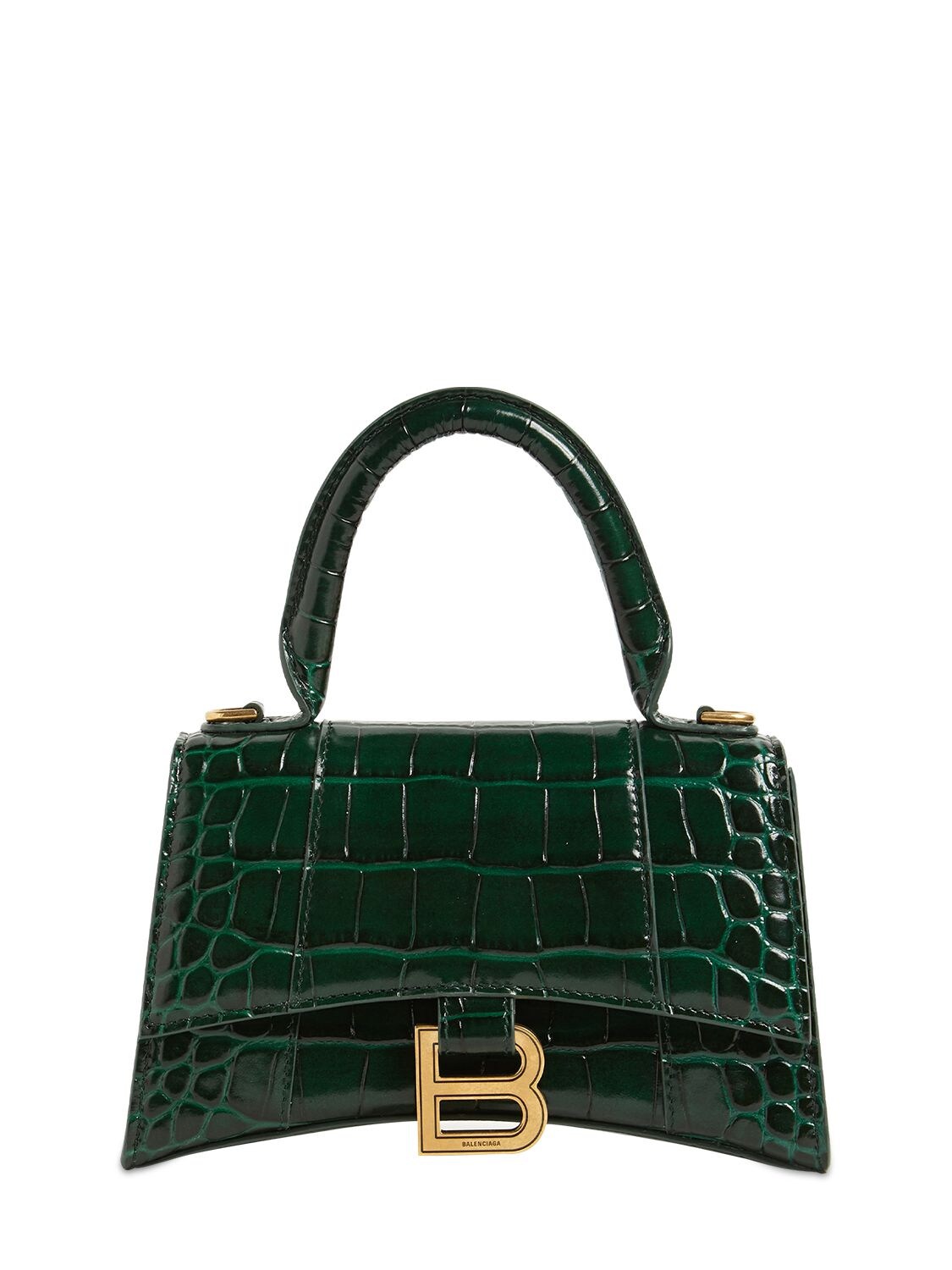 Balenciaga Xs Hourglass Croc Embossed Leather Bag In Forest Green