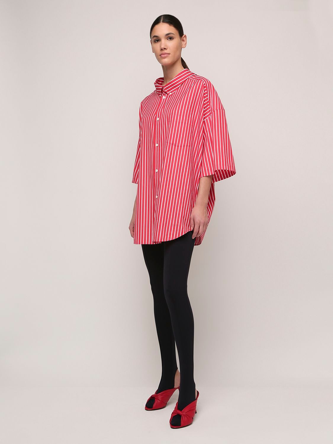 Balenciaga Oversized Striped Cotton Poplin Shirt Red ModeSens