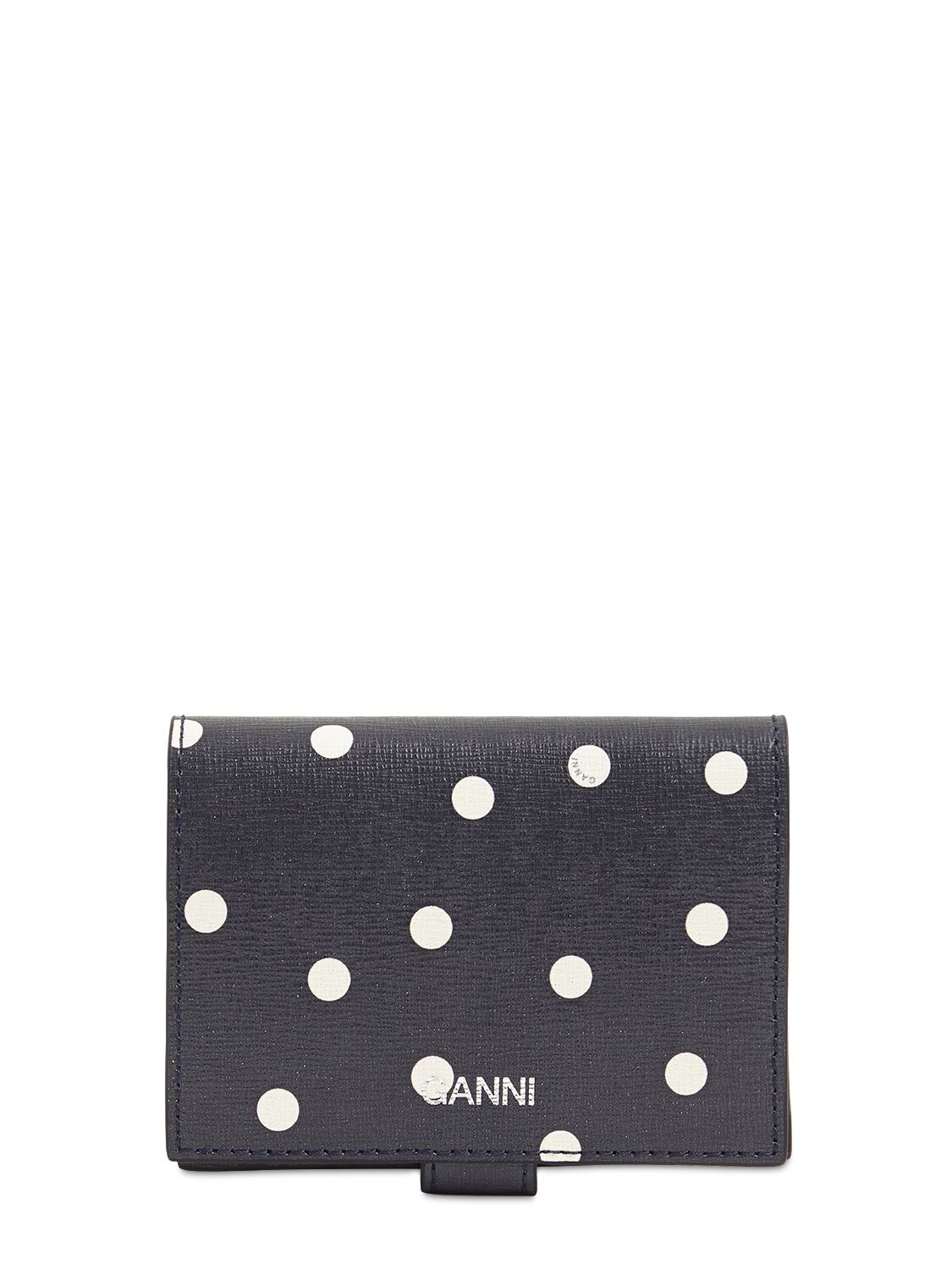 Ganni Printed Leather Compact Wallet In Navy