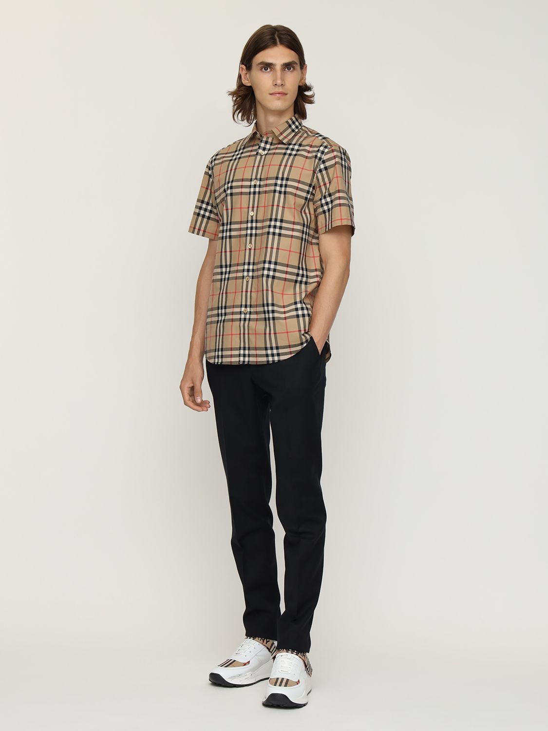 Shop Burberry Caxton Check Print Cotton Poplin Shirt In Archive Beige