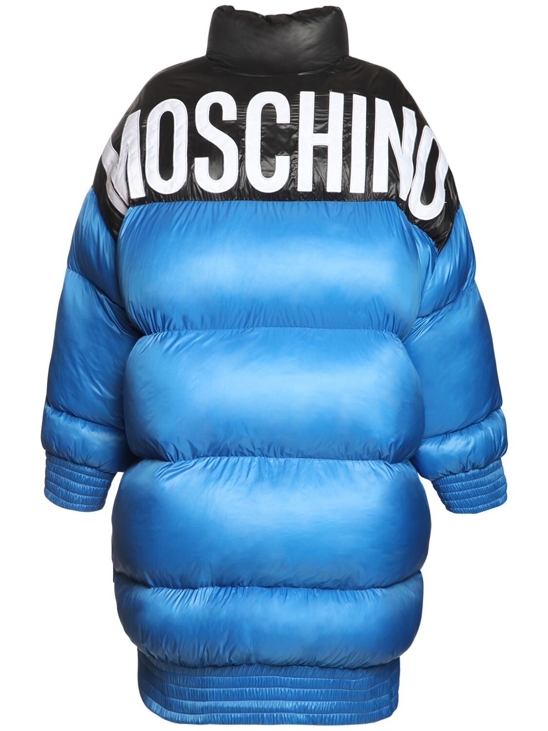 Moschino Shiny Nylon Puffer Coat W/back Logo In Blue