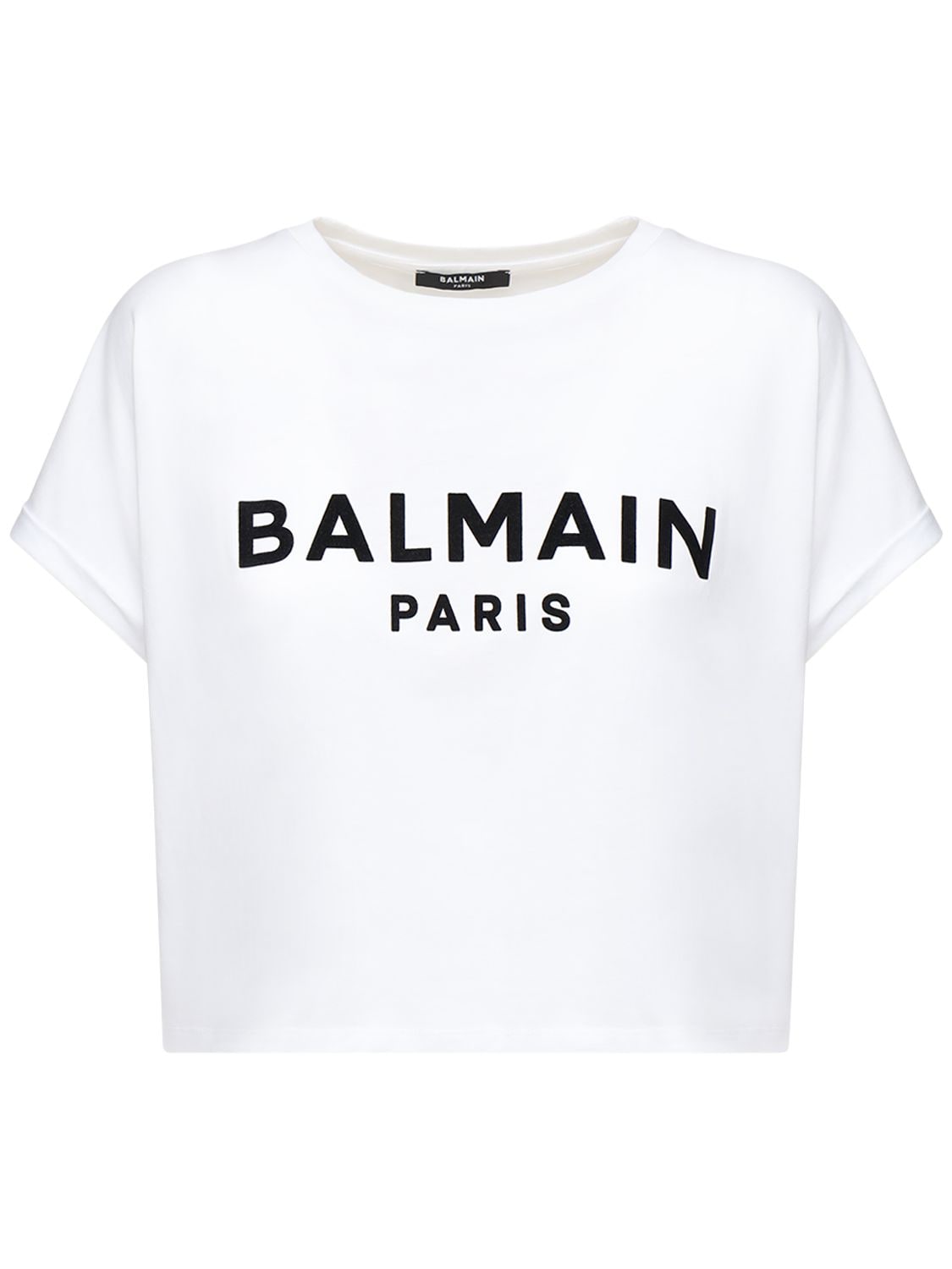 Balmain Flocked Logo Cotton Jersey Crop Top In White,black
