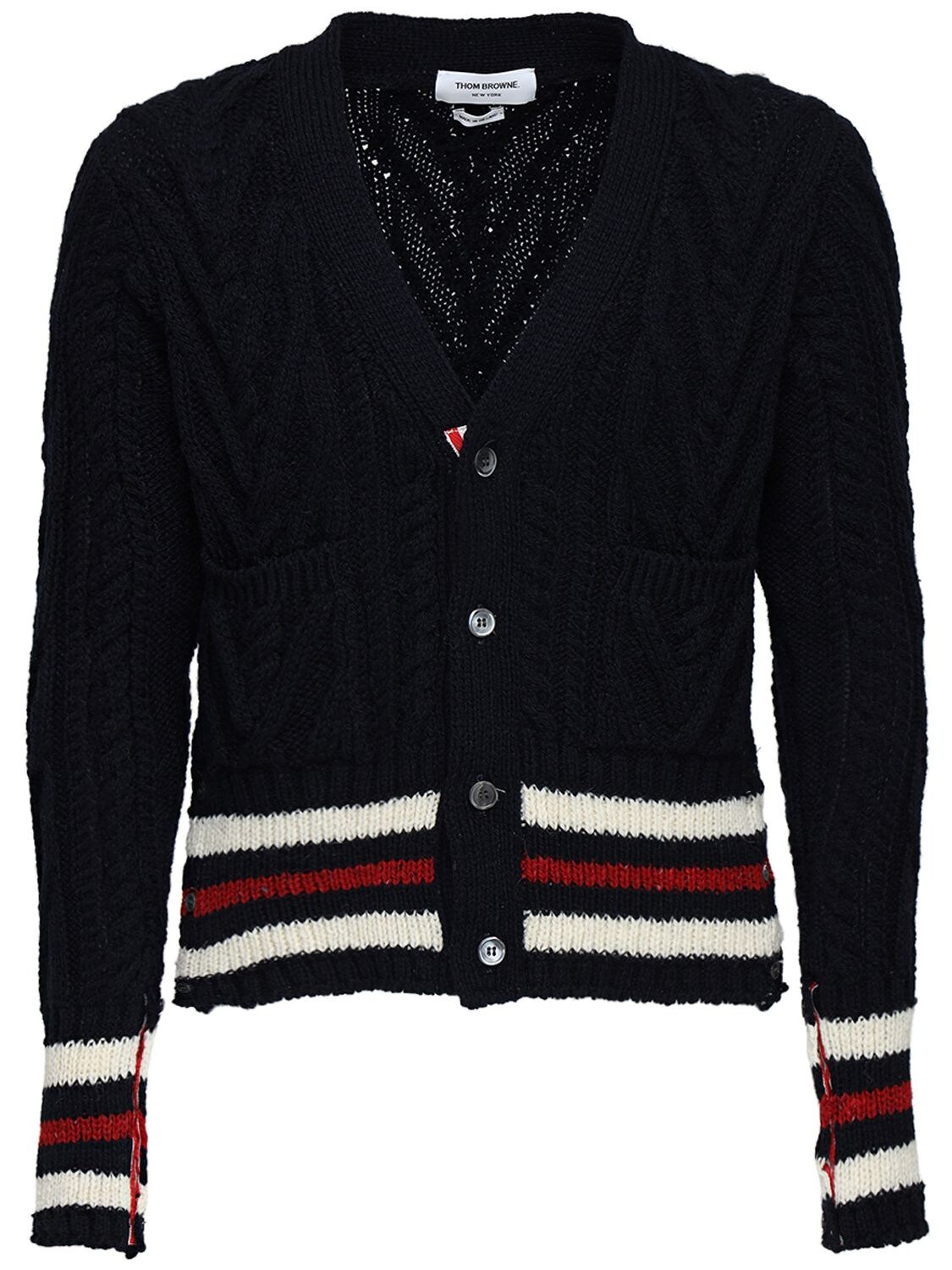 THOM BROWNE WOOL ARAN CABLE KNIT CARDIGAN,72ILA9050-NDE10