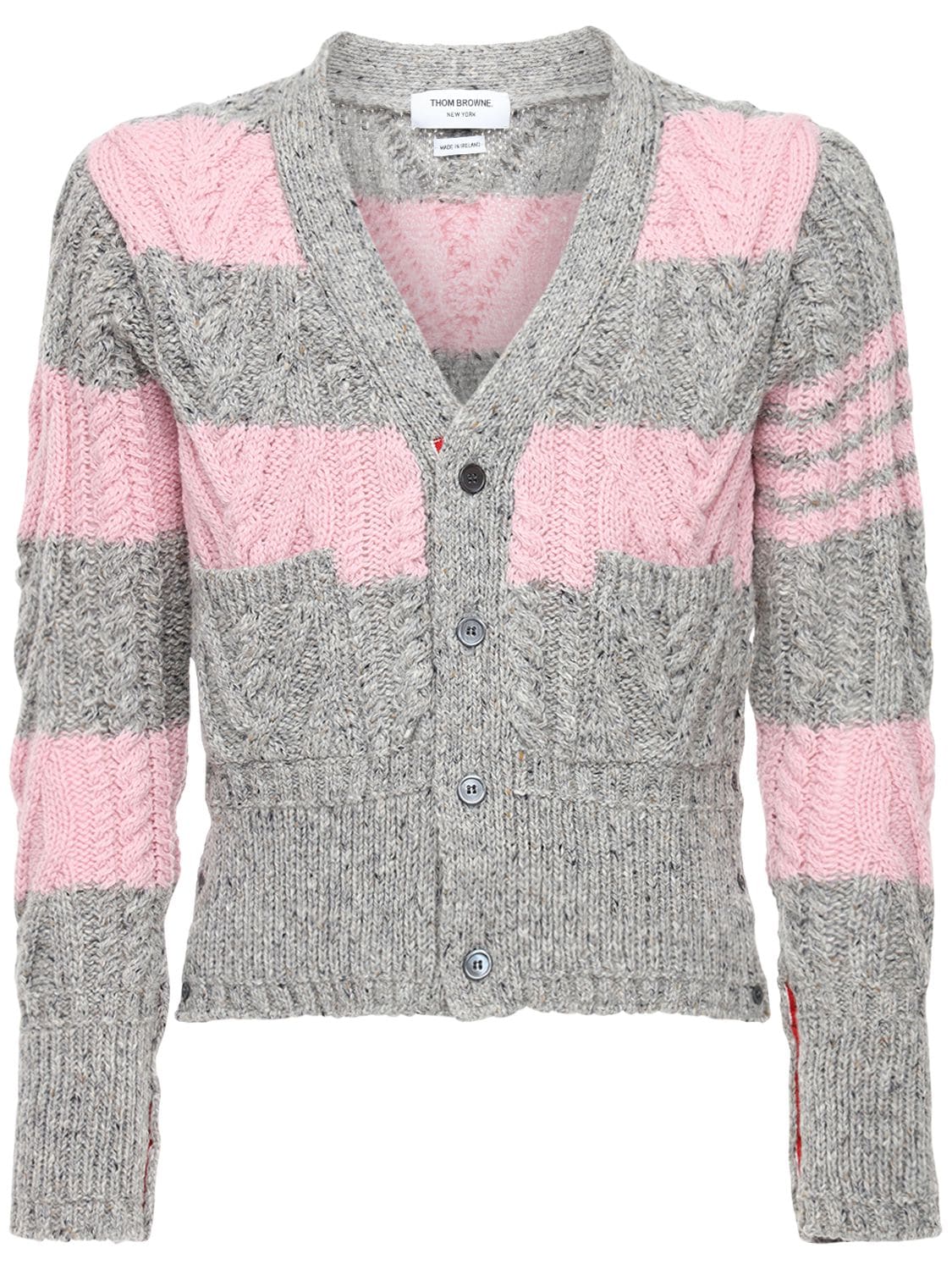 THOM BROWNE STRIPED WOOL ARAN CABLE KNIT CARDIGAN,72ILA9051-OTK40