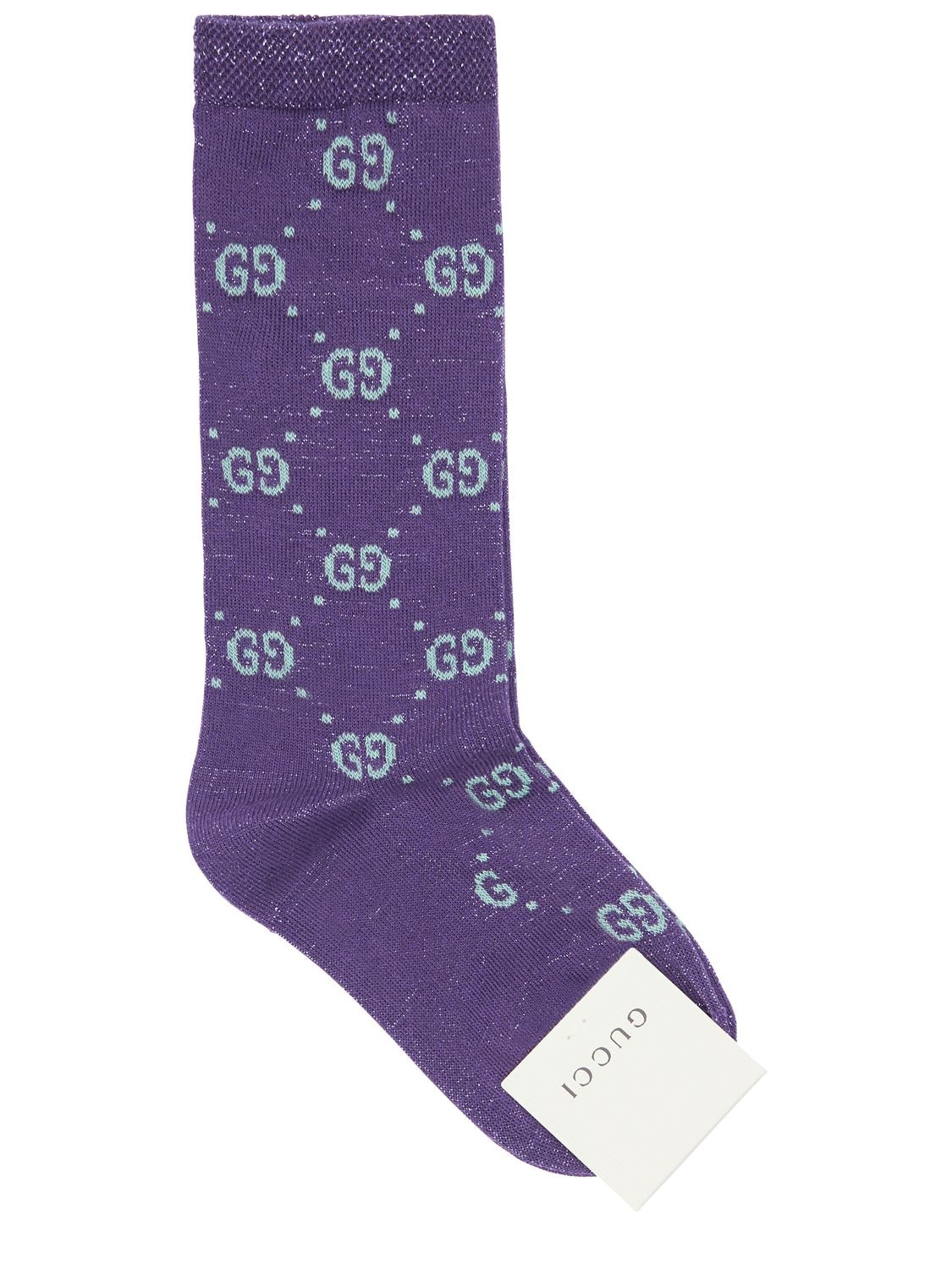 Gucci Kids' Gg Supreme Cotton Blend Knit Socks In Violet,green