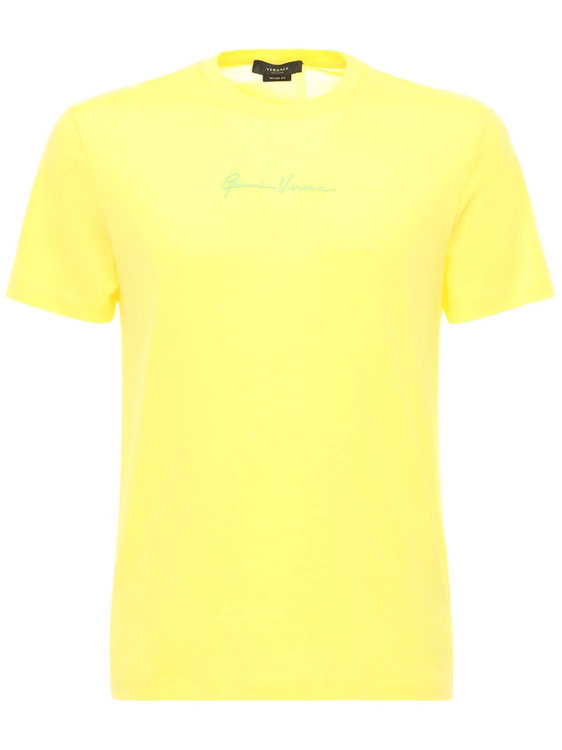 Versace Logo Embroidered Cotton T-shirt In Yellow