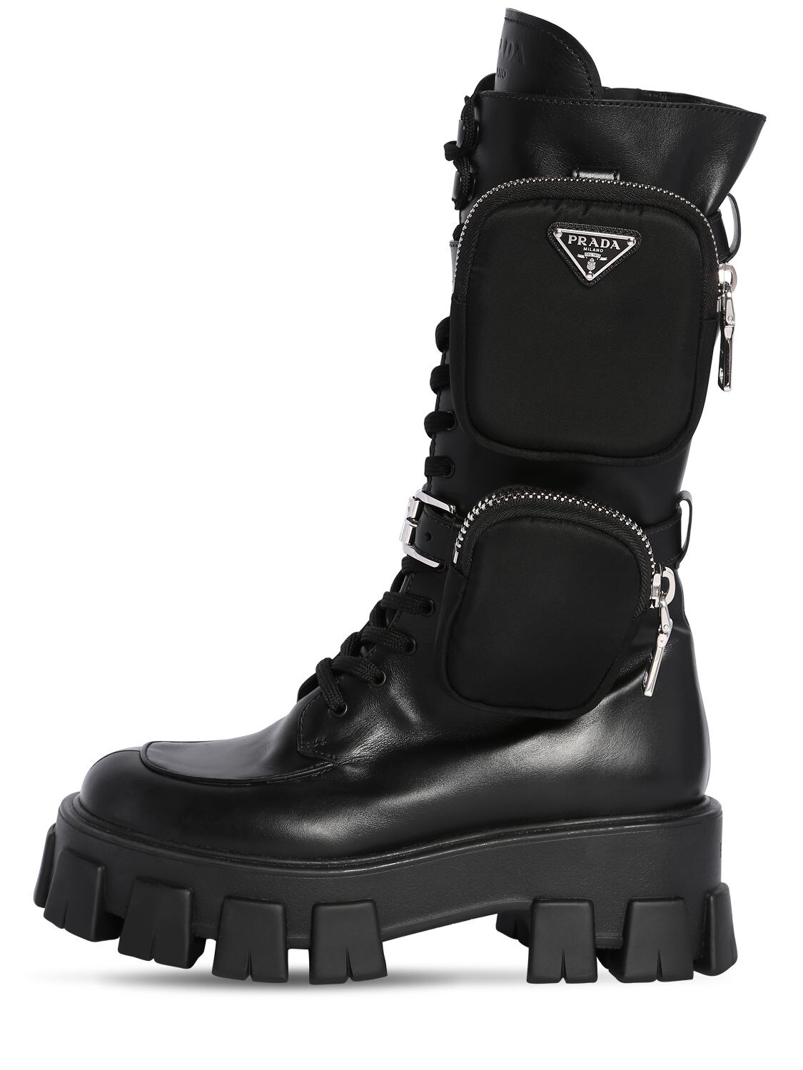 Prada 55mm Monolith Leather Combat Boots In Black | ModeSens