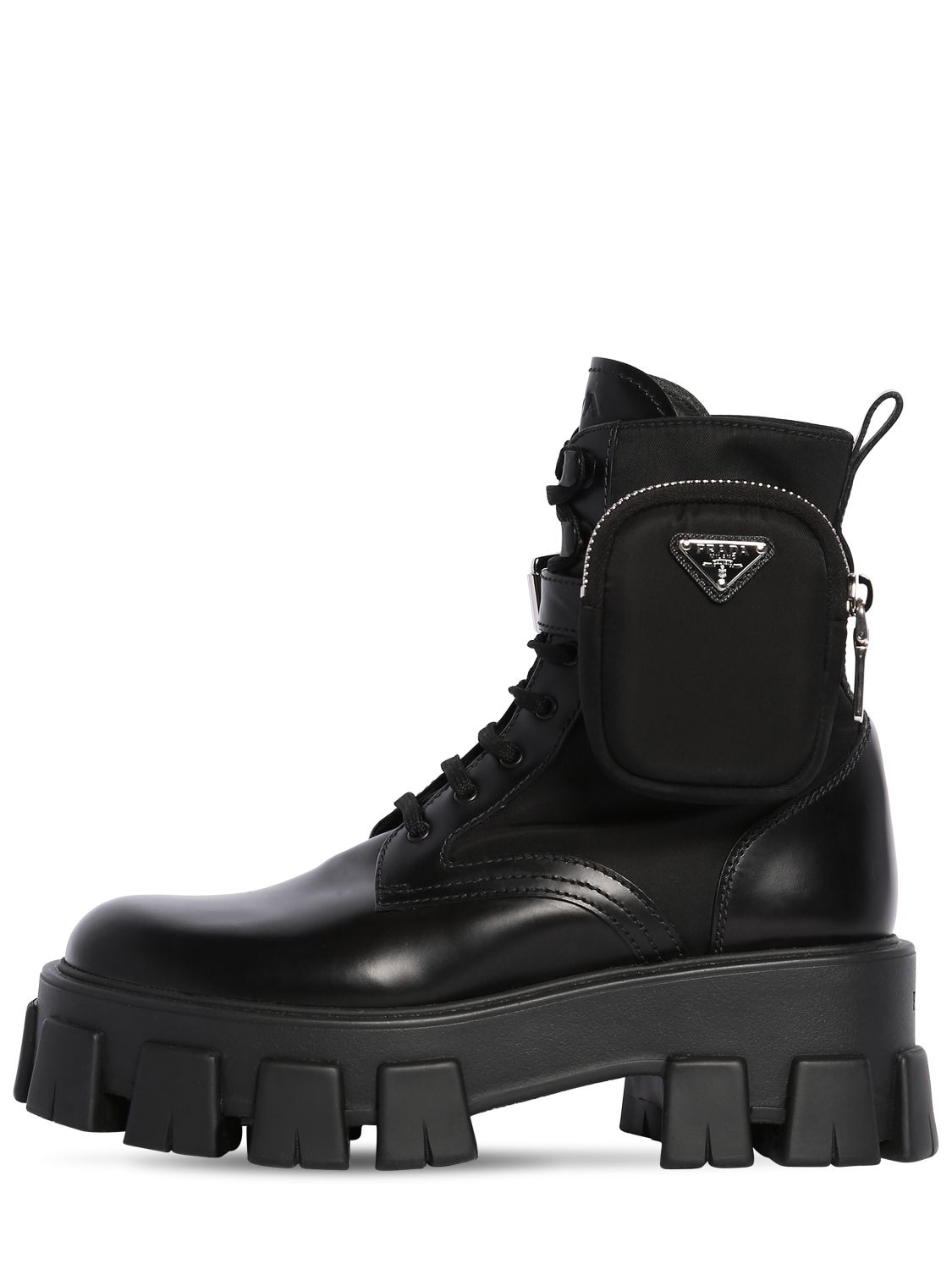 Prada 55mm Monolith Leather & Nylon Boots In Black | ModeSens