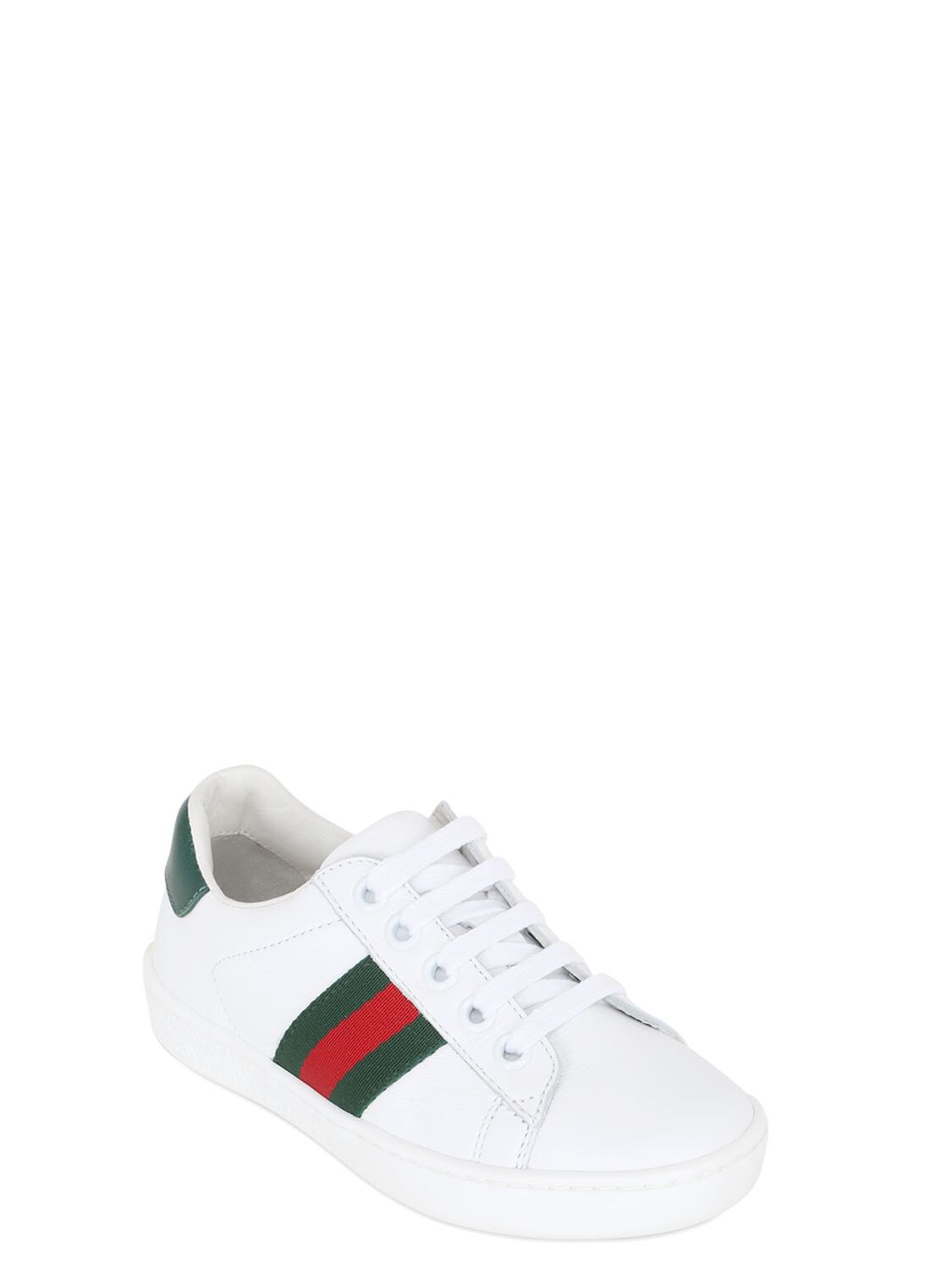 Shop Gucci New Ace Leather Strap Sneakers In White