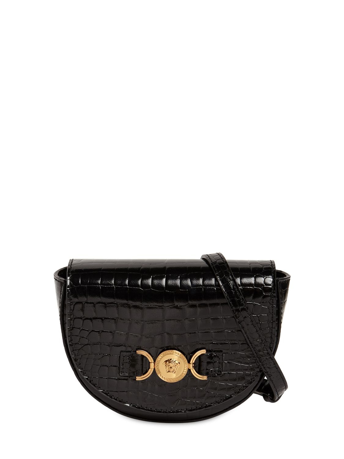 Versace Kids' Croc Embossed Patent Leather Bag In Black